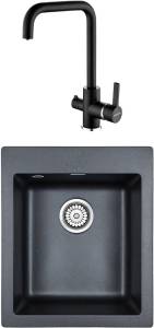 Комплект Paulmark Leer PM104249-BLM черный металлик + Смеситель Paulmark Logas Lo213021-418 для кухонной мойки, черный металлик
