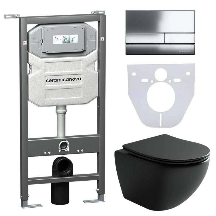 Комплект Унитаз подвесной Ceramica Nova Metropol CN4002MB + Система инсталляции Envision CN1002CH с кнопкой смыва хром и шумоизоляционной панелью CN1000