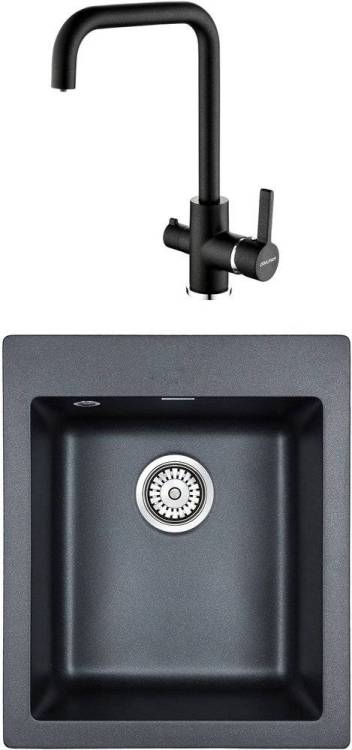 Комплект Paulmark Leer PM104249-BLM черный металлик + Смеситель Paulmark Logas Lo213021-418 для кухонной мойки, черный металлик