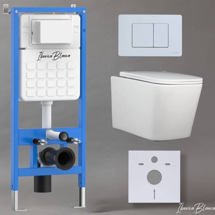 Унитаз с инсталляцией Iberica Blanca Toledo Alto IB001.TLA.231.111 безободковый, с крышкой-сиденьем микролифт, с белой матовой кнопкой