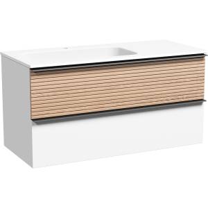 Тумба под раковину Sancos Delta DL100LW 995х445х500, c двумя ящиками Soft close, ручки чёрные, левая, дуб светлый/белый