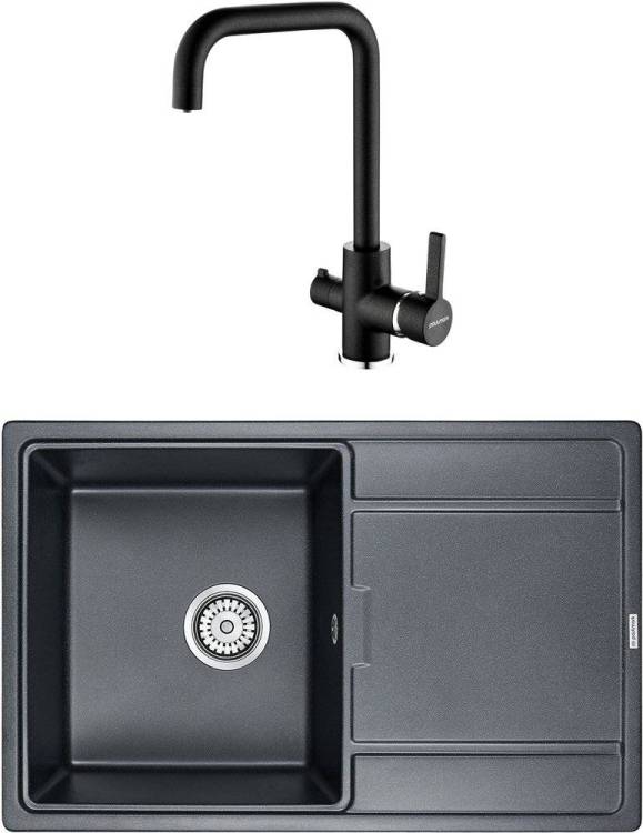 Комплект Paulmark Flugen PM217850-BLM черный металлик + Смеситель Paulmark Logas Lo213021-418 для кухонной мойки, черный металлик
