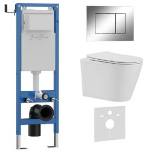 Унитаз с инсталляцией Iberica Blanca Burgos Alto IB.001M.BRA.231.852 безободковый, с крышкой-сиденьем микролифт, с кнопкой глянцевый хром