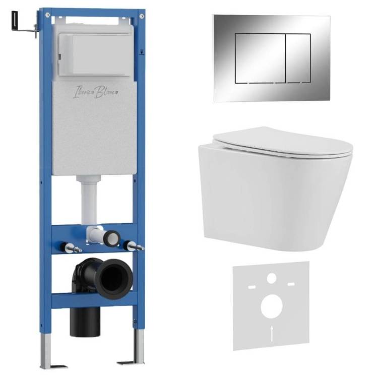 Комплект Iberica Blanca Burgos Alto IB.001M.BRA.231.852 унитаз безободковый, белый, сиденье микролифт, клавиша смыва хром глянцевый