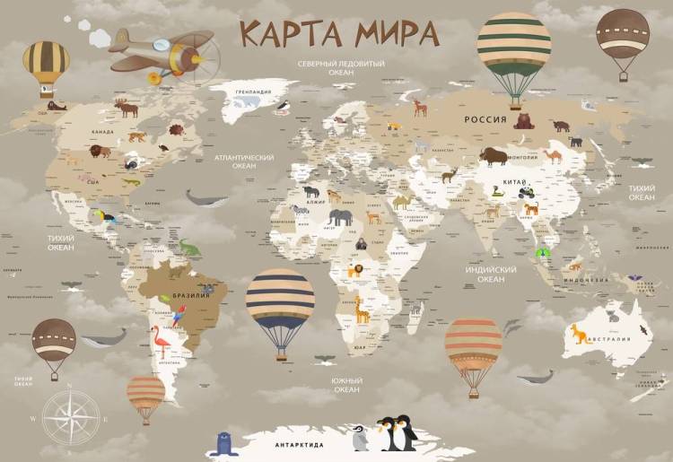 3D Фотообои Artegrafico «Карта мира для детской в серых тонах» KID017 канвас