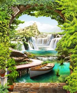 3D Фотообои Artegrafico «Лодочка в долине водопадов» FK182 акварель