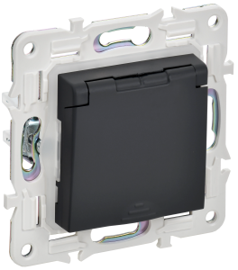 Розетка 1-местная с заземлением, шторками и крышкой IEK Skandy SK-R16-16-44-K53 графит