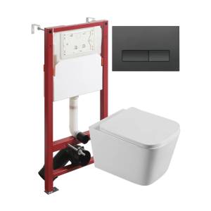 Унитаз с инсталляцией Agger ATI04100+APB244 безободковый, с крышкой-сиденьем микролифт, с кнопкой, кнопка черная