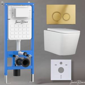 Унитаз с инсталляцией Iberica Blanca Toledo Alto IB001.TLA.231.826 безободковый, с крышкой-сиденьем микролифт, с кнопкой глянцевое золото