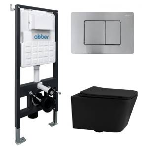 Комплект Abber Rechteck AC1201MB-AC0105-AC0120MCH унитаз подвесной, безободковый, сиденье микролифт, черный матовый, кнопка хром матовый