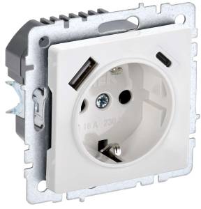 Розетка 1-местная с заземлением, шторками и USB Type A+С IEK Brite BR-R14-16-U22-018-K01 белый