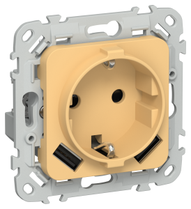 Розетка 1-местная с заземлением, шторками и USB Type A+A IEK Flite FI-R14-16-1-U21-D31-K90 золотарник