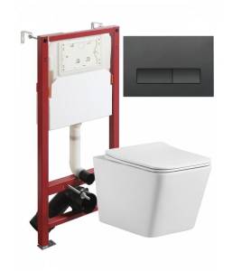 Унитаз с инсталляцией Agger ATI10150+APB244 безободковый, с крышкой-сиденьем микролифт, с черной кнопкой