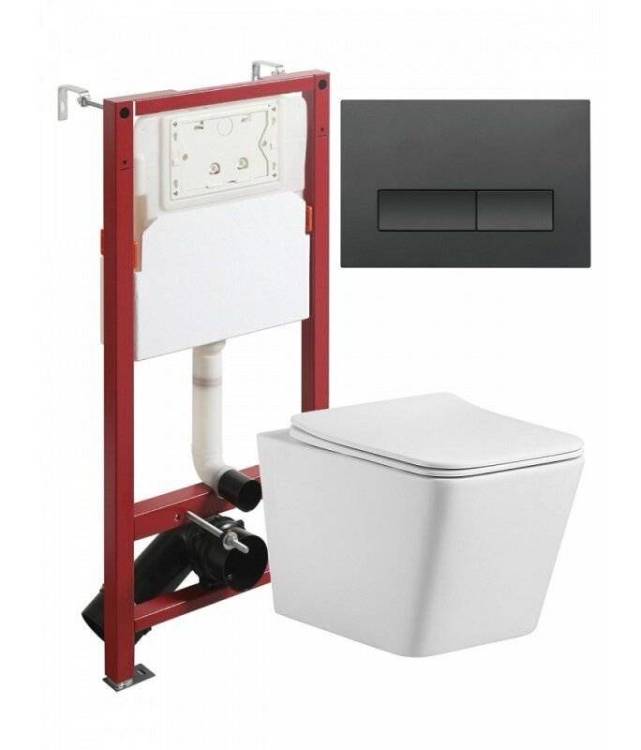 Унитаз с инсталляцией Agger ATI10150+APB244 безободковый, с крышкой-сиденьем микролифт, с черной кнопкой