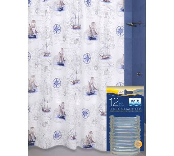 Штора для ванной Bath Plus Blue Boats AKCH17049 с кольцами, 180x200, бежевый, коричневый, синий