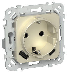 Розетка 1-местная с заземлением, шторками и USB Type A+С IEK Flite FI-R14-16-1-U22-020-K37 шампань