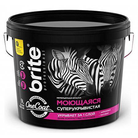 Краска интерьерная моющаяся высокоукрывистая Brite Pro Line Proff One Coat база А 9 л