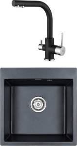 Комплект Paulmark Praktisch PM105152-BLM черный металлик + Смеситель Paulmark Essen Es213011-418 для кухонной мойки, черный металлик
