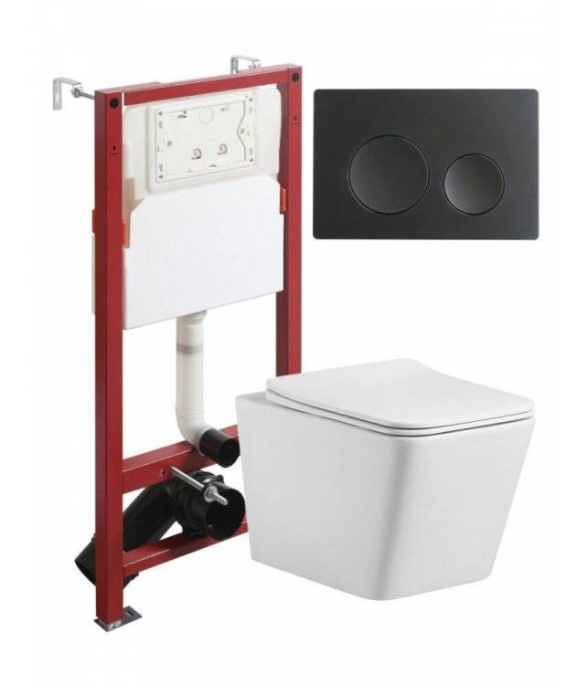 Унитаз с инсталляцией Agger ATI10150+APB144 безободковый, с крышкой-сиденьем микролифт, с черной кнопкой