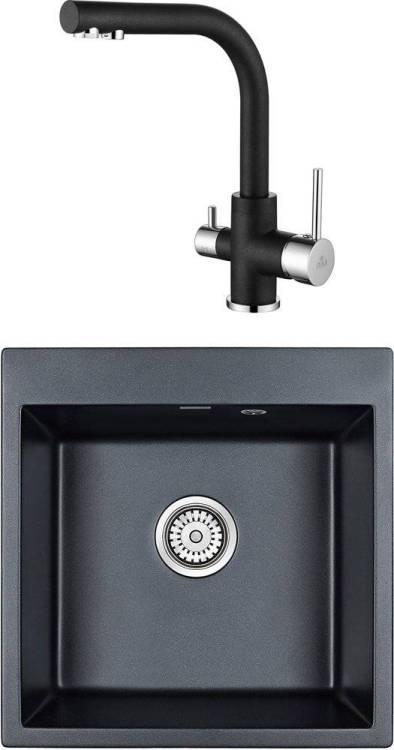 Комплект Paulmark Praktisch PM105152-BLM черный металлик + Смеситель Paulmark Essen Es213011-418 для кухонной мойки, черный металлик