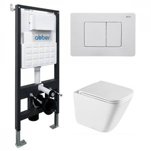 Унитаз с инсталляцией Abber Rechteck AC1219TC-AC0105-AC0120MW безободковый, сиденье микролифт, кнопка белая матовая