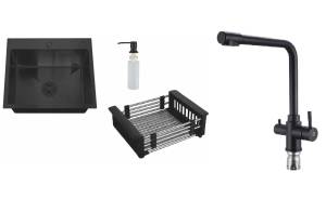 Комплект Мойка кухонная РМС MR MR-5050BL c корзиной и дозатором + Смеситель РМС SUS125BL-017F-015 чёрный