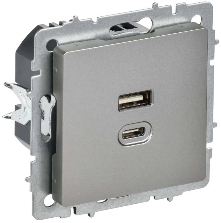 Розетка USB type A+C IEK Brite BR-U22-045-K46 сталь