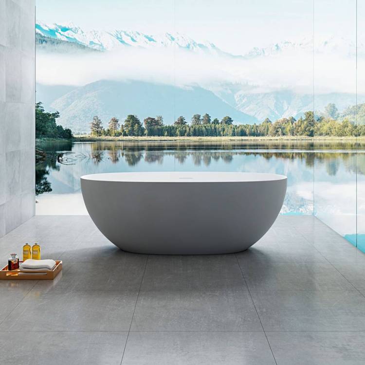 Ванна из искусственного камня Vincea Solid Surface VBT-6S01MG 170x75 со сливом-переливом, белая/серая матовая