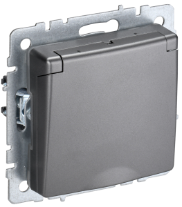 Розетка 1-местная с заземлением, шторками и крышкой IEK Brite BR-R16-16-K46 сталь