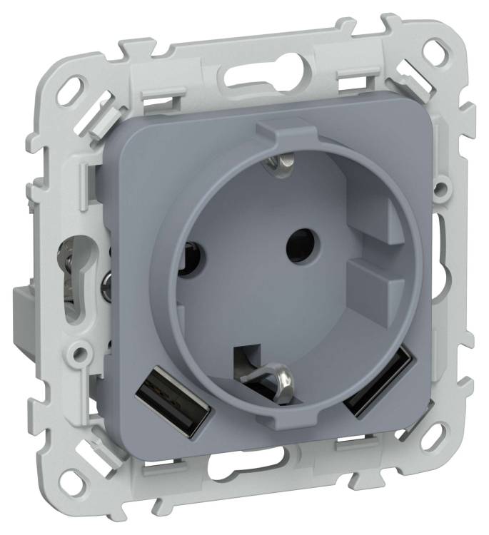 Розетка 1-местная с заземлением, шторками и USB Type A+A IEK Flite FI-R14-16-1-U21-D31-K35 маренго