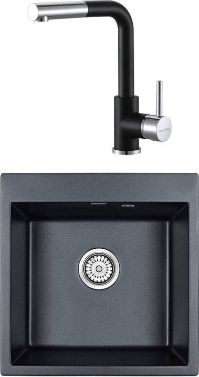 Комплект Paulmark Praktisch PM105152-BLM черный металлик + Смеситель Paulmark Kassel Ka214311-418 для кухонной мойки, черный металлик