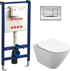Комплект Унитаз подвесной Cersanit City Oval Clean On DPL EO slim + Инсталляция Pestan Fluenta 40006356 + 40006361 с кнопкой смыва, хром