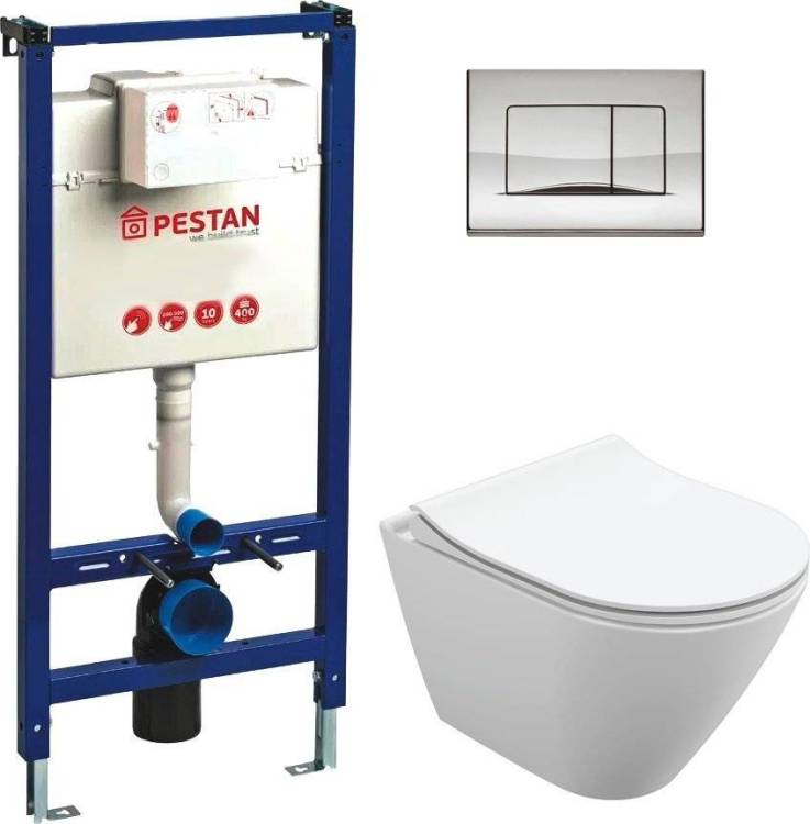 Комплект Унитаз подвесной Cersanit City Oval Clean On DPL EO slim + Инсталляция Pestan Fluenta 40006356 + 40006361 с кнопкой смыва, хром