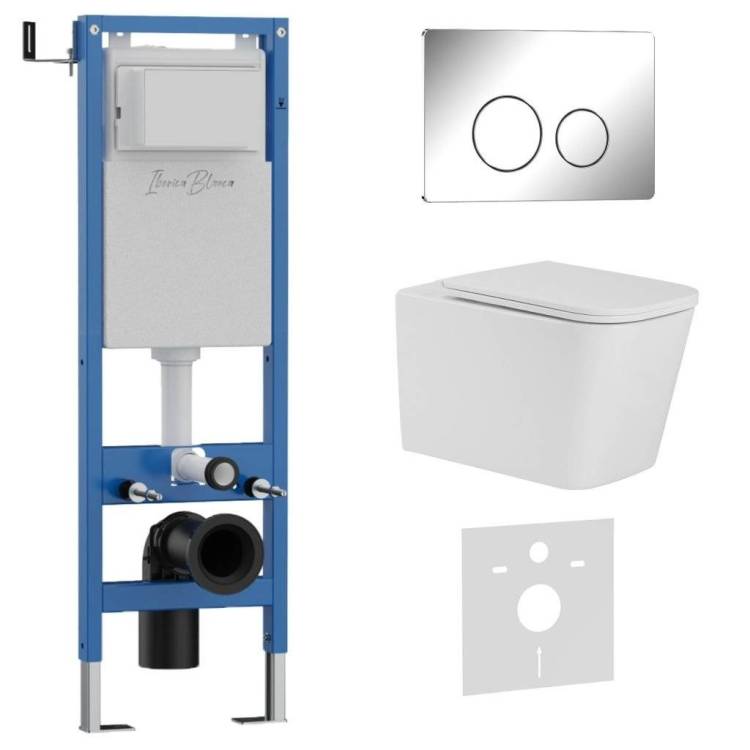 Унитаз с инсталляцией Iberica Blanca Toledo Alto IB.001M.TLA.234.8131 безободковый, с крышкой-сиденьем микролифт, с кнопкой глянцевый хром