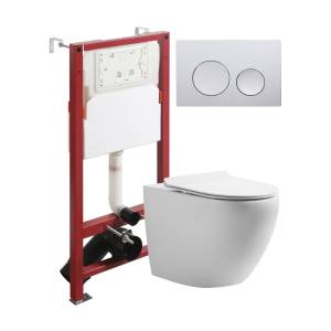 Унитаз с инсталляцией Orange CI07-100W+APB100 безободковый, с крышкой-сиденьем микролифт, с кнопкой, кнопка хром