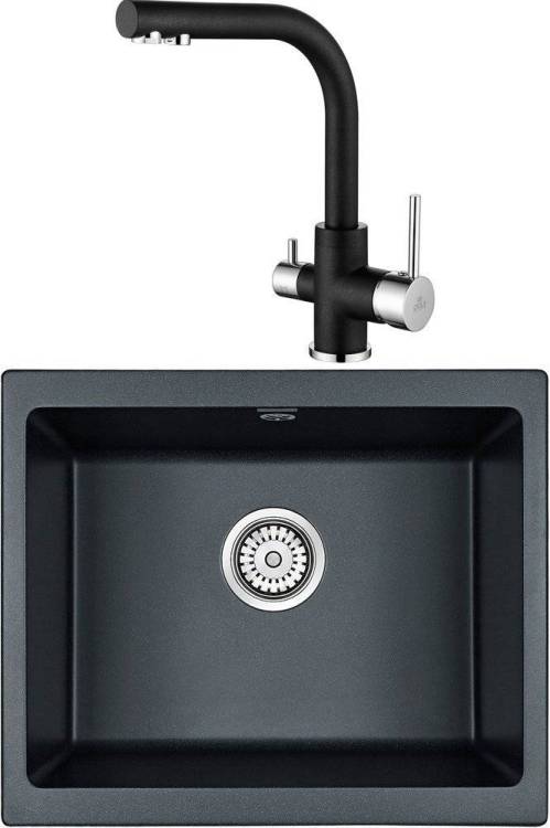 Комплект Мойка кухонная Paulmark Gera PM205546-BLM черный металлик + Смеситель Paulmark Essen Es213011-418 для кухонной мойки, черный металлик