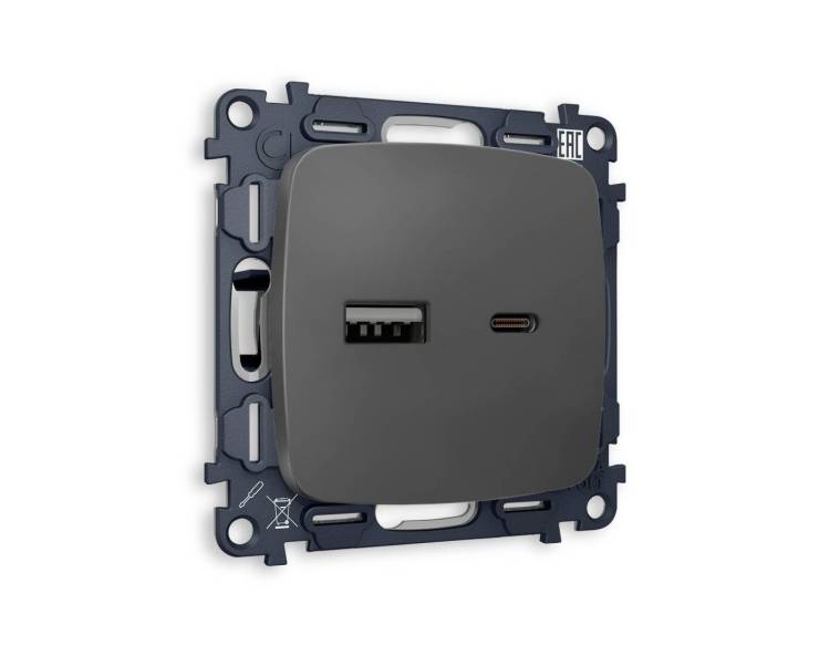 Комплект механизма розетки 2USB A+C 20W (быстрая зарядка) Ambrella Volt Omega MO911010