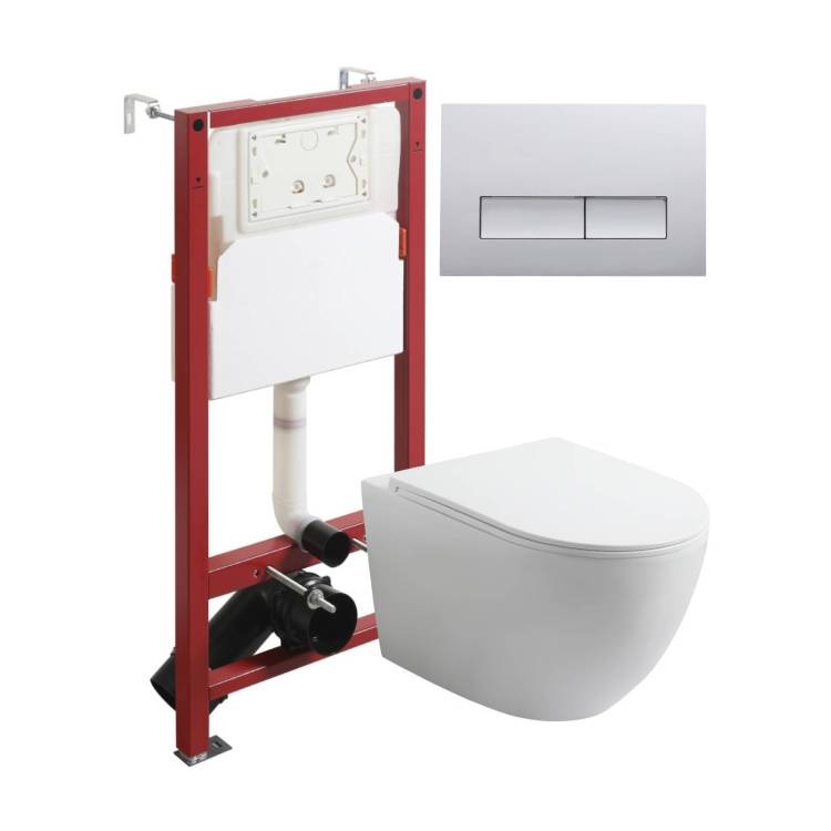 Унитаз с инсталляцией Agger ATI07150+APB200 безободковый, с крышкой-сиденьем микролифт, с кнопкой, кнопка хром