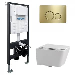 Комплект Abber Rechteck AC1201-AC0105-AC0121MMG унитаз подвесной, безободковый, сиденье микролифт, белый, кнопка золото