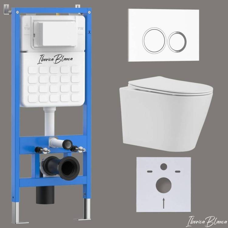 Унитаз с инсталляцией Iberica Blanca Burgos Alto IB001.BRA.234.821 безободковый, с крышкой-сиденьем микролифт, с белой глянцевой кнопкой