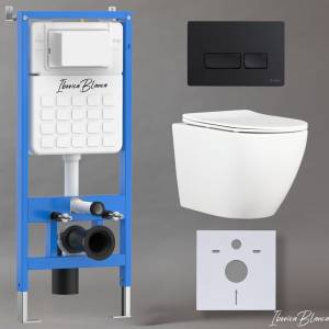 Унитаз с инсталляцией Iberica Blanca Bilbao Alto IB001.BLA.234.212 безободковый, с крышкой-сиденьем микролифт, с черной матовой кнопкой