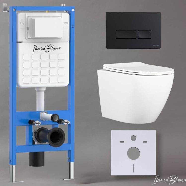 Унитаз с инсталляцией Iberica Blanca Bilbao Alto IB001.BLA.234.212 безободковый, с крышкой-сиденьем микролифт, с черной матовой кнопкой