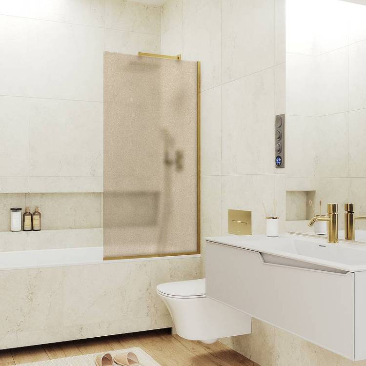 Шторка на ванну MaybahGlass MGV-72-3у стекло бронза матовая, профиль золото, 1400x400