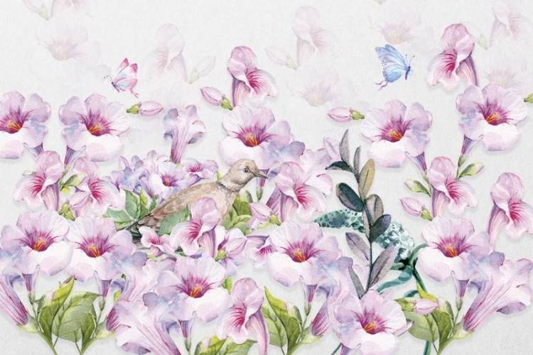 3D Фотообои Artegrafico «Сиреневые петунии с бабочками» BT-019 песок