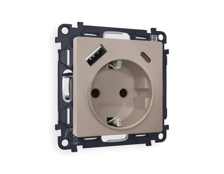 Комплект механизма электрической розетки 2USB A+C 20W (быстрая зарядка) с заземлением Ambrella Volt Alfa MA370010