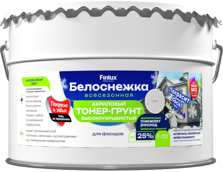 Всесезонный акриловый грунт для фасадов Finlux F-123 Белоснежка матовый белый 10 кг