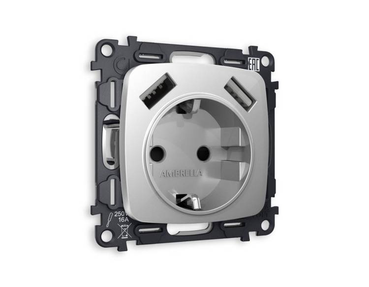 Комплект механизма электрической розетки 2USB A+A 18W (быстрая зарядка) с заземлением Ambrella Volt Omega MO409010
