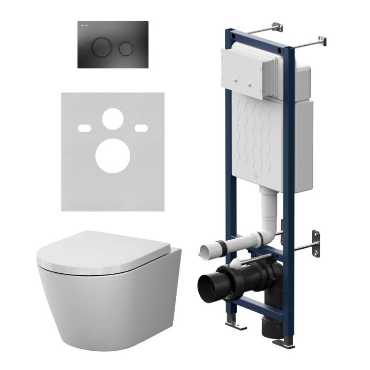 Унитаз с инсталляцией Am.Pm X-Joy IS110138.851900 безободковый, с крышкой-сиденьем микролифт, белый глянцевый, с черной матовой кнопкой