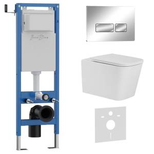 Унитаз с инсталляцией Iberica Blanca Toledo Alto IB.001M.TLA.231.213 безободковый, с крышкой-сиденьем микролифт, с кнопкой глянцевый хром