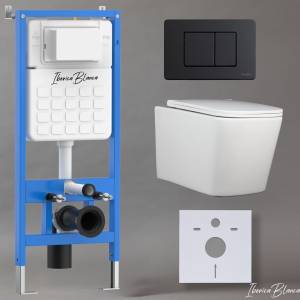 Унитаз с инсталляцией Iberica Blanca Toledo Alto IB001.TLA.234.112 безободковый, с крышкой-сиденьем микролифт, с черной матовой кнопкой